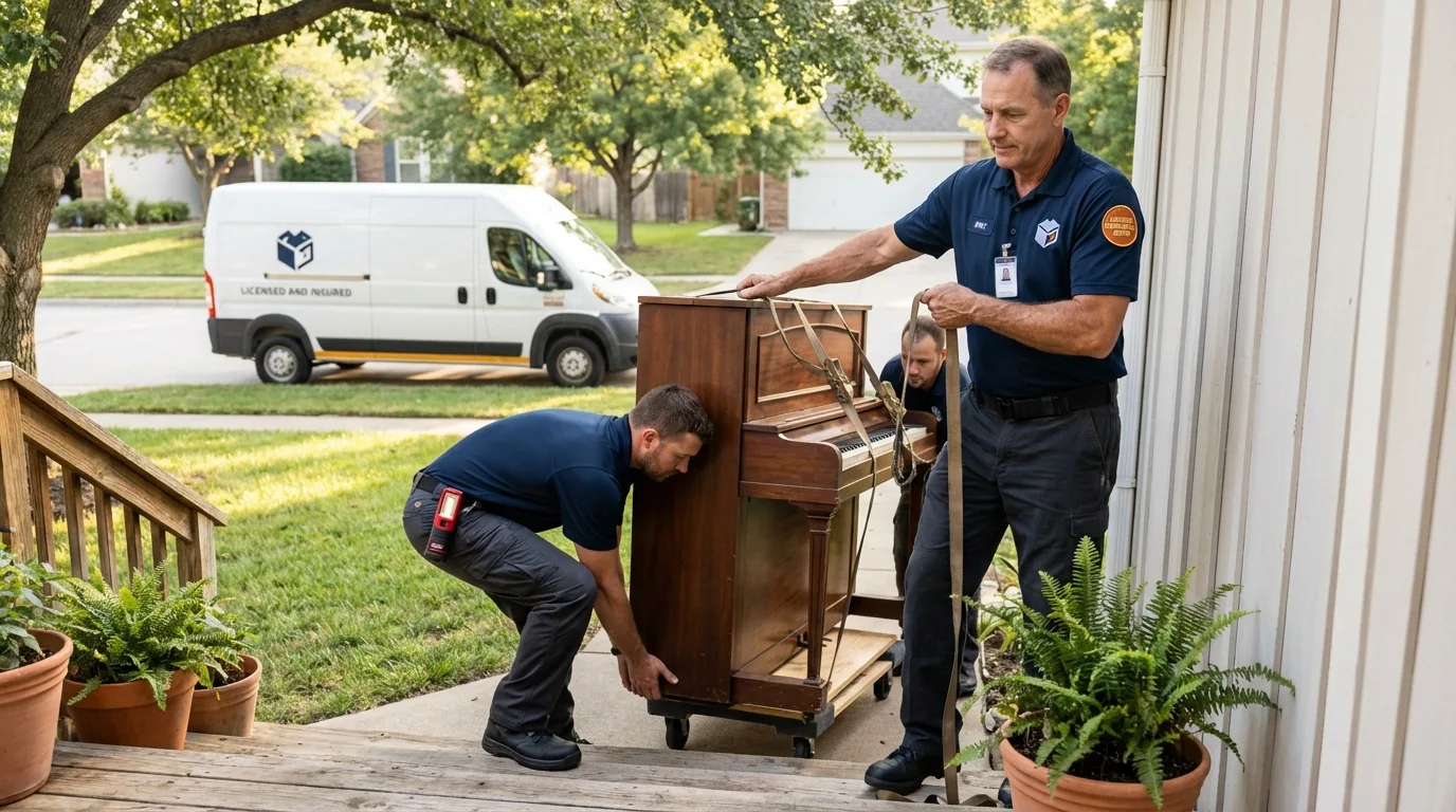 Licensed piano movers securing grand piano in Elmhurst, IL