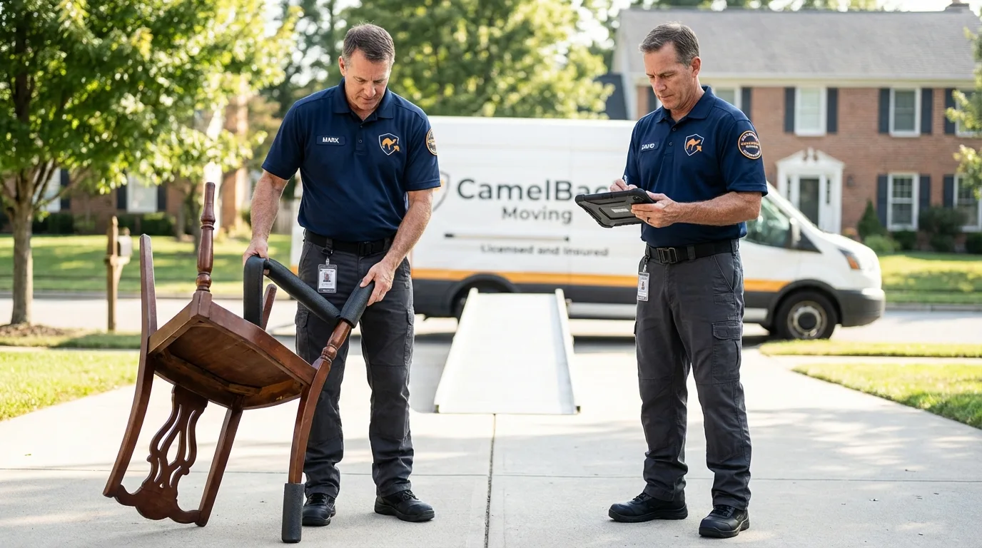 Movers inspecting furniture for damage prevention before loading in Elmhurst, IL