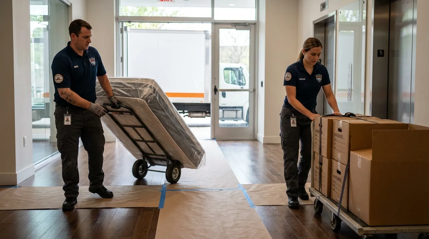 Professional apartment movers loading elevator in Elmhurst, IL